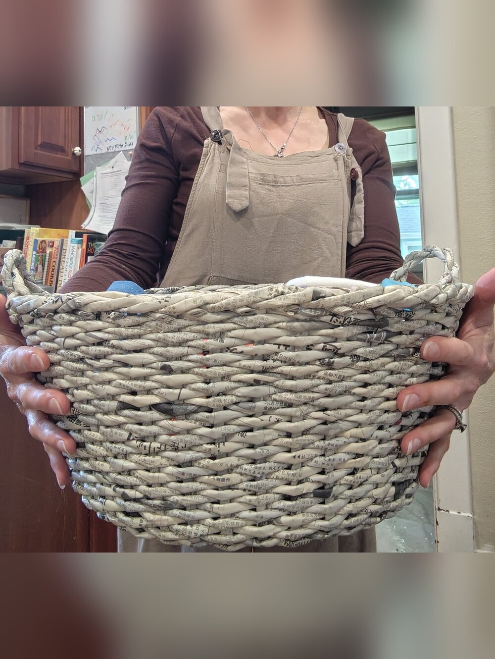 Basket Handwoven With White and Black Japanese Newspaper